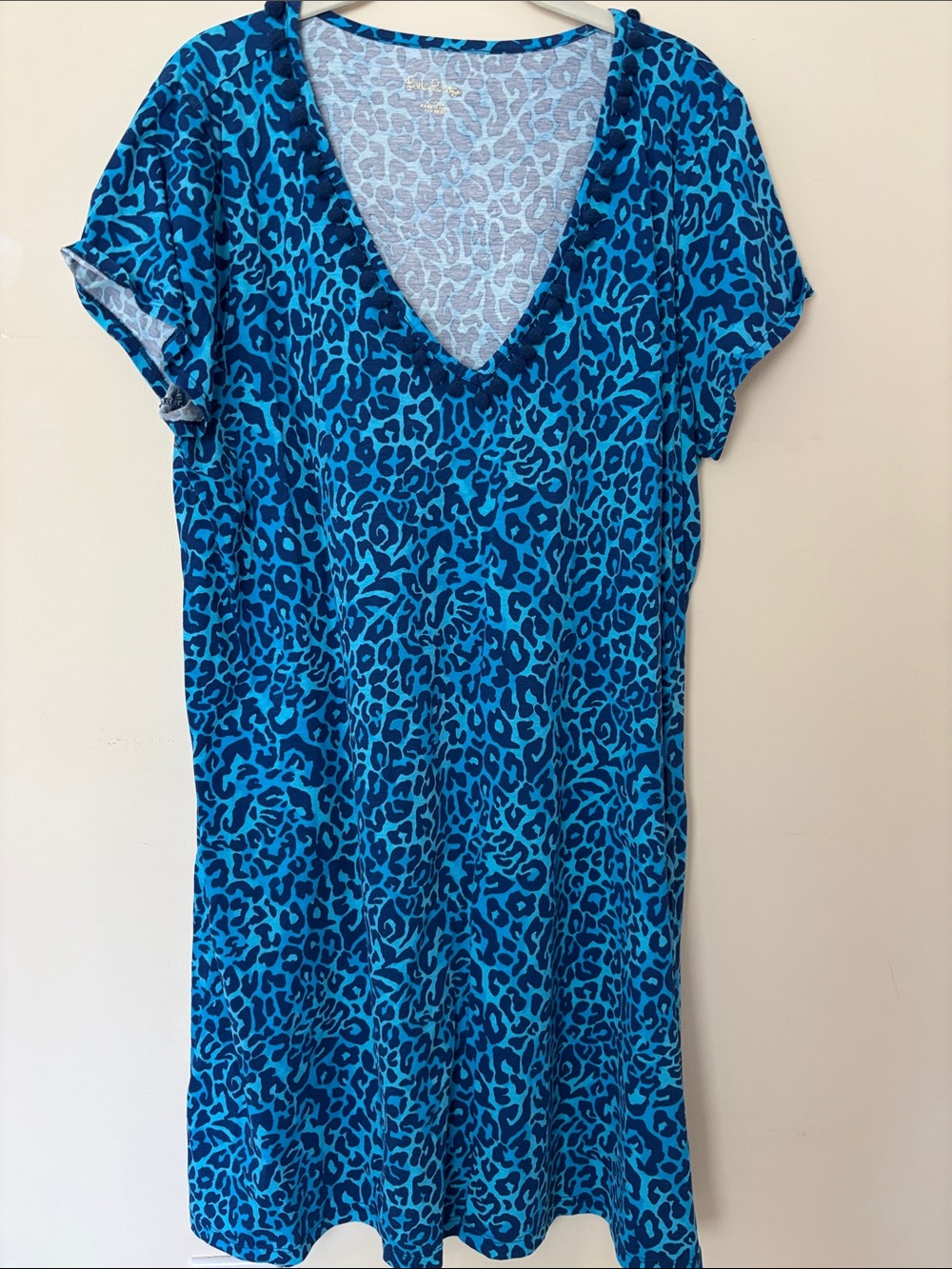Lilly Pulitzer Blue Leopard Print V-Neck Dress with tassels